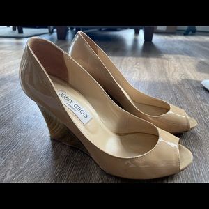 Jimmy Choo Nude and Gold Patent Leather Wedges